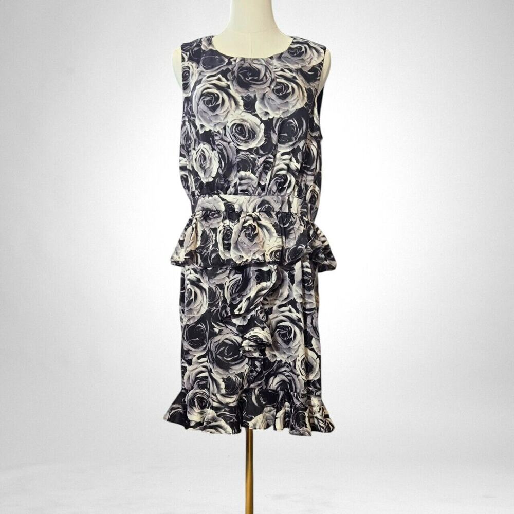 Kate Young SZ 12 Sleeveless Cocktail Dress Peplum Ruffles Roses Black Gray White